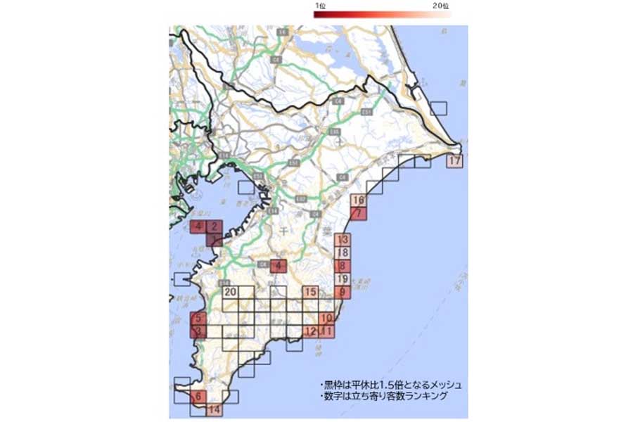 千葉県内での「休日における車での立ち寄り客数ランキング」（画像：国土交通省）