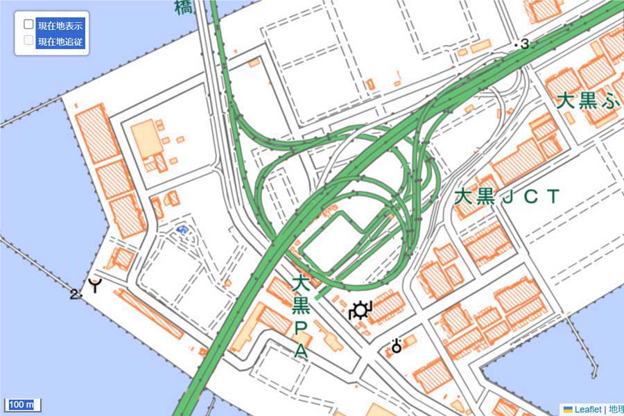 現在の「大黒PA」周辺の地図（画像：国土地理院）
