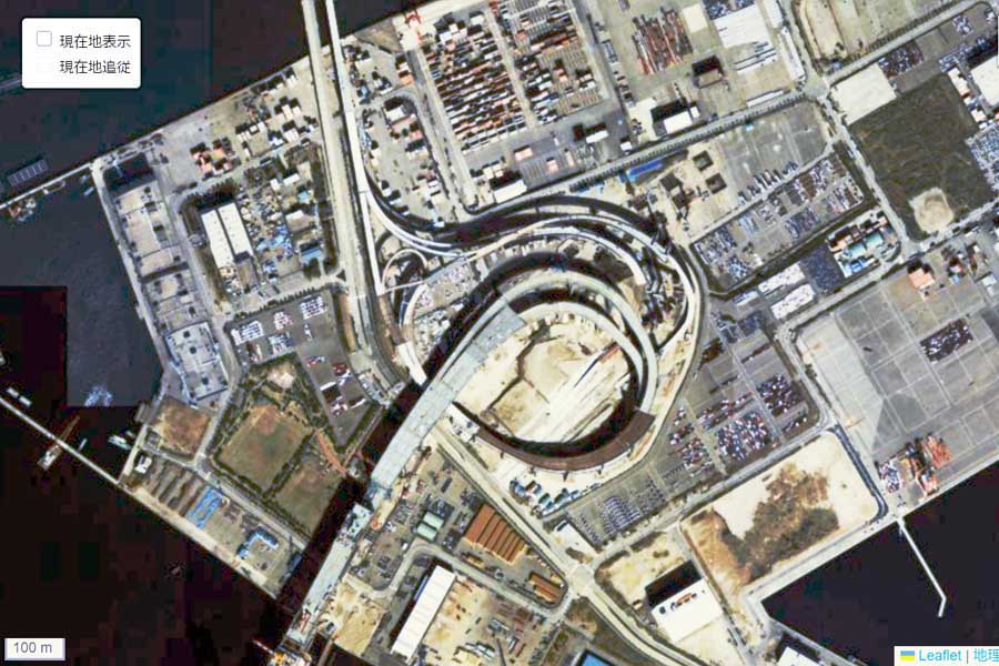 1990年頃に撮影された「大黒PA」周辺の航空写真（画像：国土地理院）
