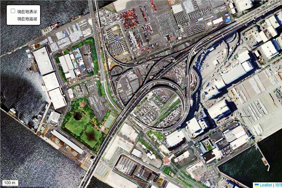 現在の「大黒PA」周辺の航空写真（画像：国土地理院）