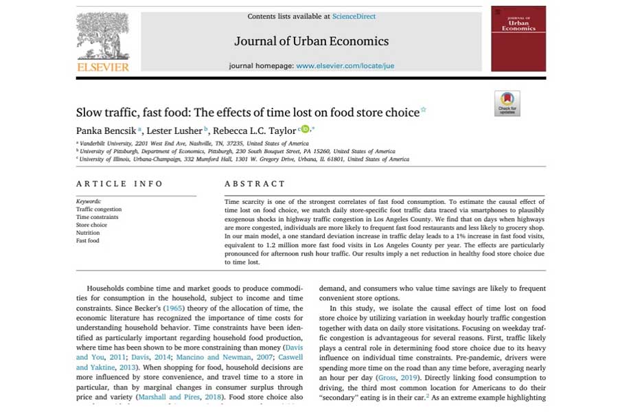 論文「Slow traffic, fast food：The effects of time lost on food store choice（交通渋滞とファーストフード：買い物時間のロスが食品店の選択に及ぼす影響）」（画像：Journal of Urban Economics）