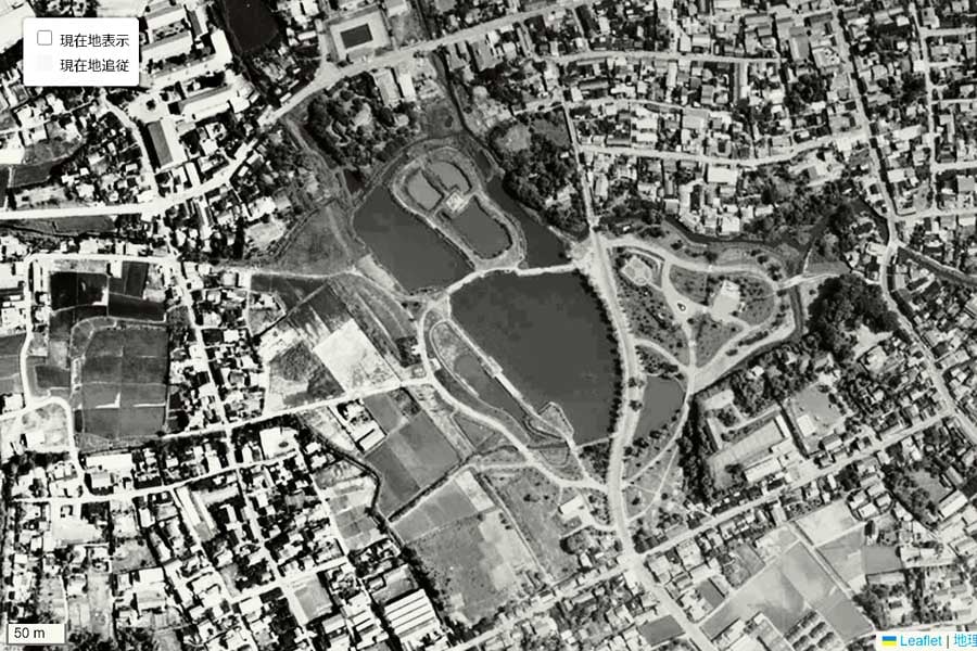 1963年頃の「水城公園」周辺の航空写真（画像：国土地理院）