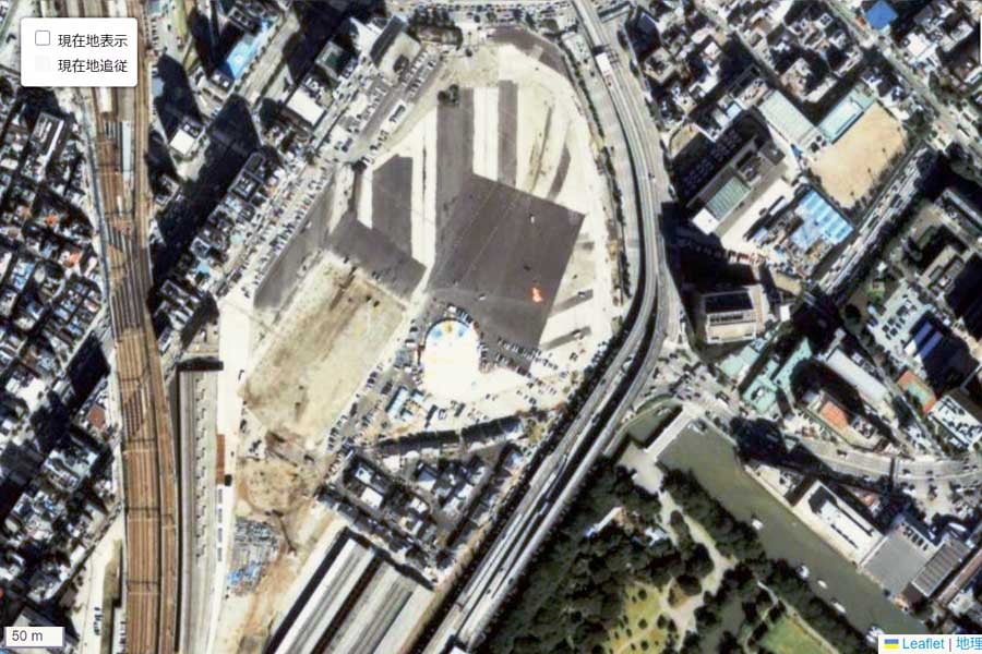 1990年頃の「汐留エリア」周辺の航空写真（画像：国土地理院）