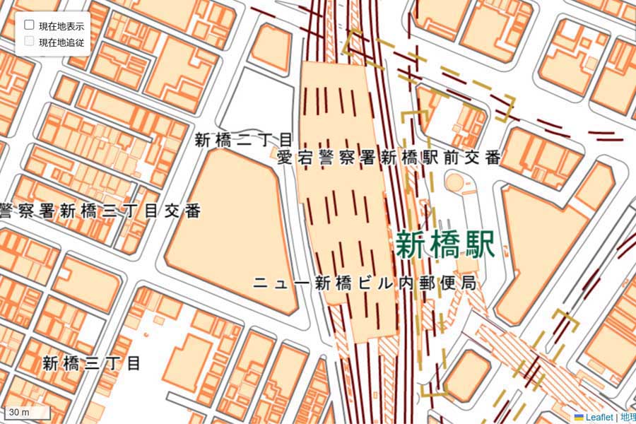 現在の「新橋駅」周辺の地図（画像：国土地理院）