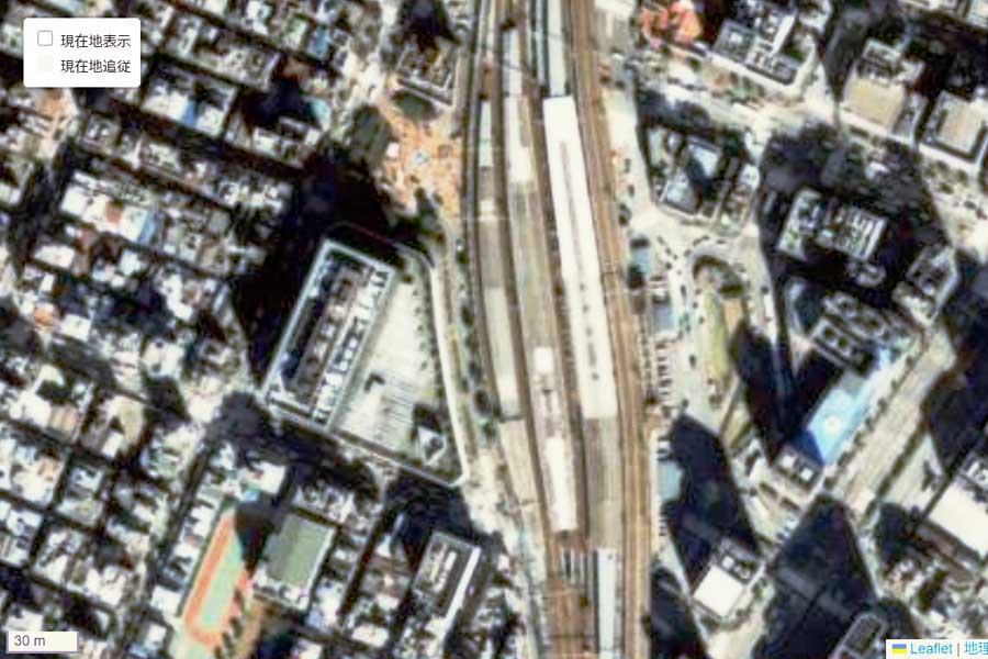 1990年頃の「新橋駅」周辺の航空写真（画像：国土地理院）