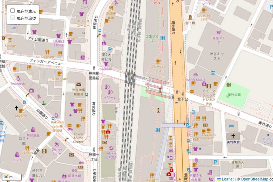現在の「宮下公園」周辺の地図（画像：OpenStreetMap）