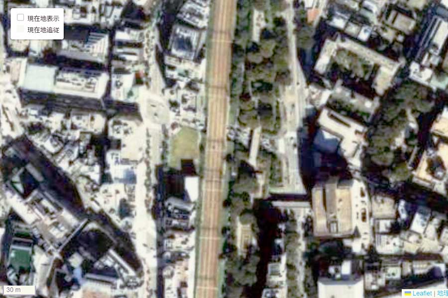 1990年頃の「宮下公園」周辺の航空写真（画像：国土地理院）