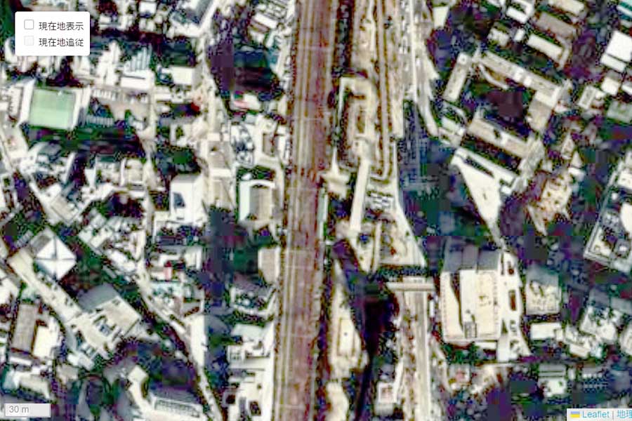 1975年頃の「宮下公園」周辺の航空写真（画像：国土地理院）