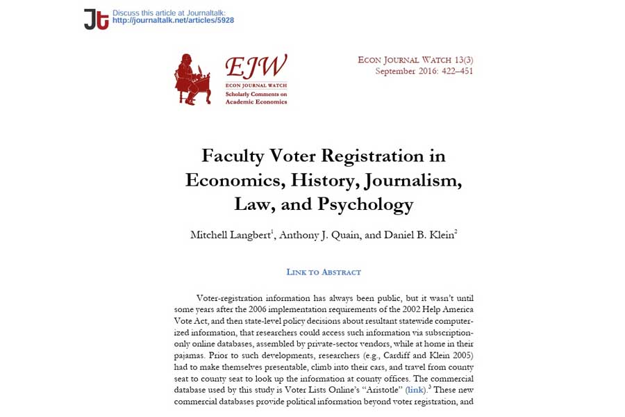 論文「Faculty Voter Registration in Economics,History,Journalism,Law,and Psychology（経済学、歴史学、ジャーナリズム、法学、心理学の学部における有権者登録）」（画像：Econ Journal Watch）