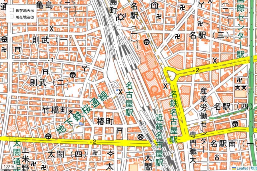現在の「名古屋駅」周辺の地図（画像：国土地理院）