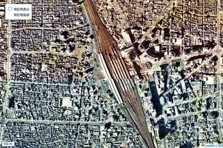 1975年頃に撮影された「名古屋駅」周辺の航空写真（画像：国土地理院）