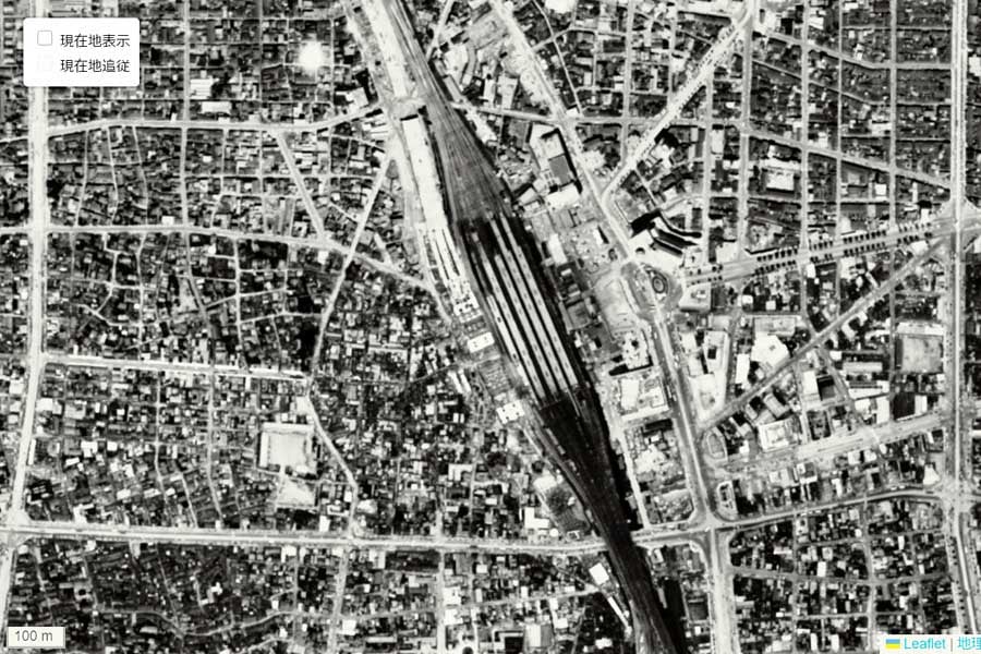 1963年頃に撮影された「名古屋駅」周辺の航空写真（画像：国土地理院）