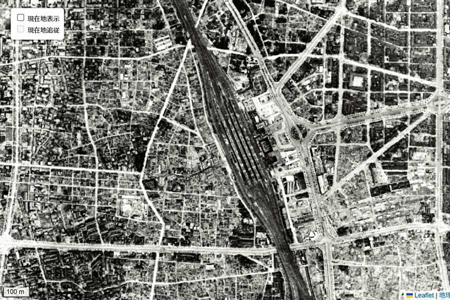 1947年頃に撮影された「名古屋駅」周辺の航空写真（画像：国土地理院）