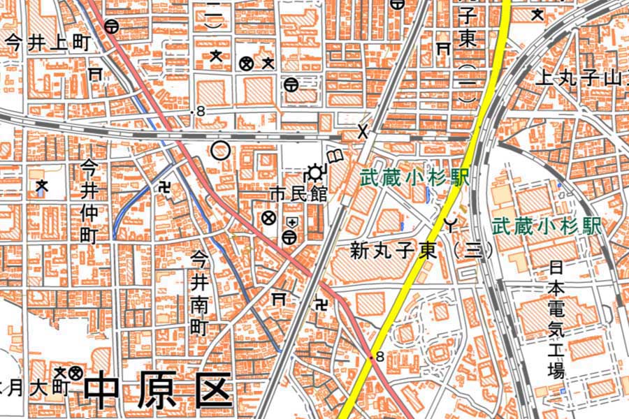 現在の武蔵小杉駅周辺の地図（画像：国土地理院）