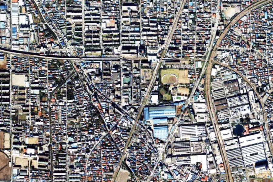 1990年頃の武蔵小杉駅周辺の航空写真（画像：国土地理院）