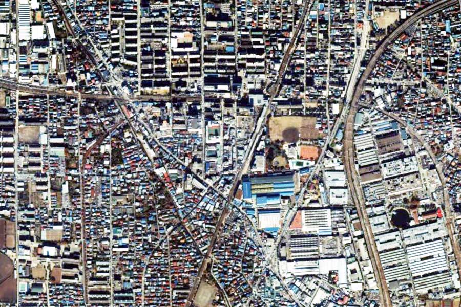 1985年頃の武蔵小杉駅周辺の航空写真（画像：国土地理院）