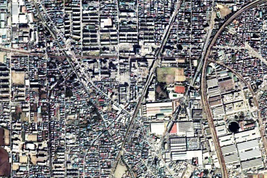 1980年頃の武蔵小杉駅周辺の航空写真（画像：国土地理院）