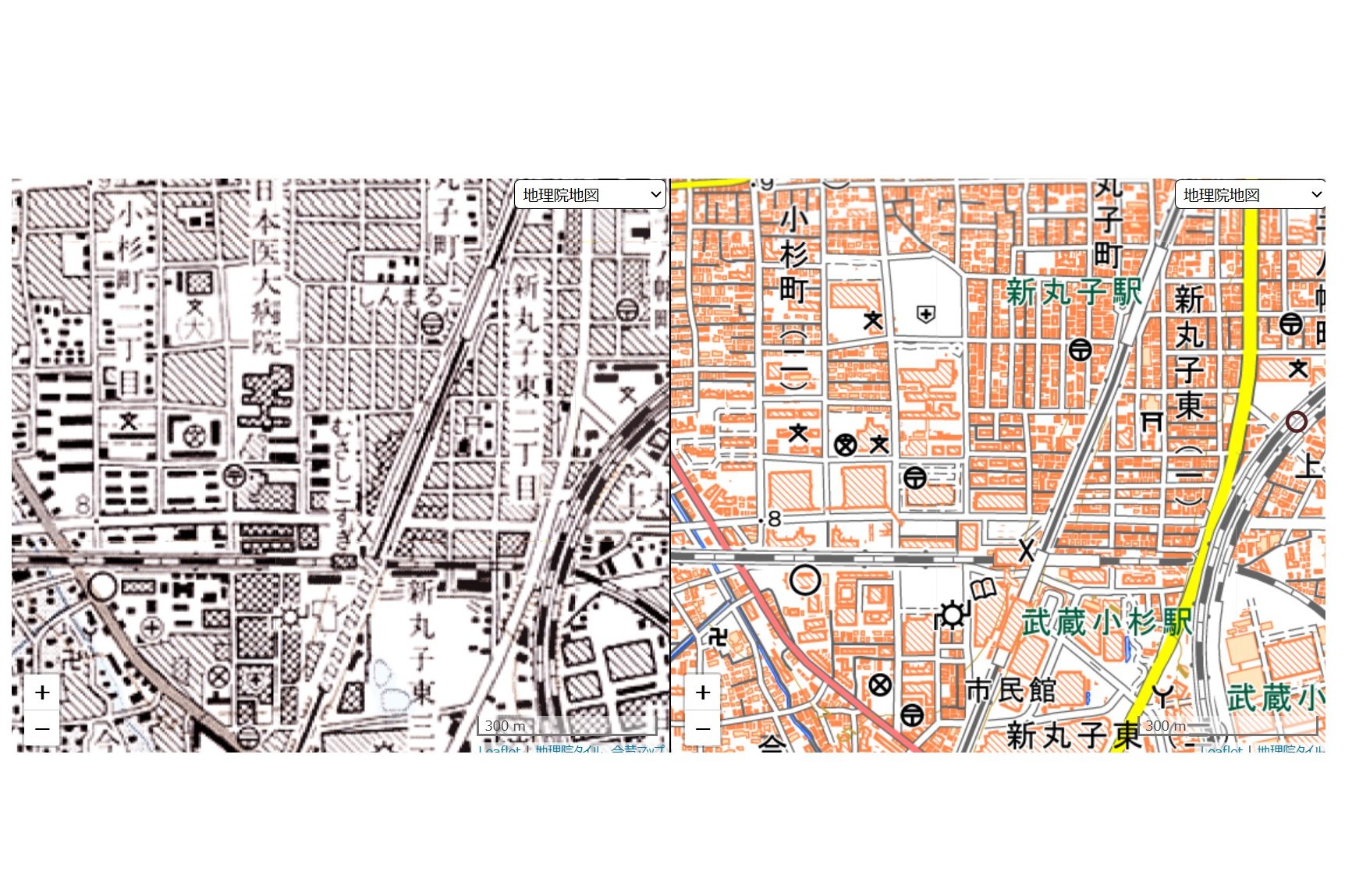 1999（平成11）年発行の武蔵小杉周辺の地図（左）と現在の地図（画像：国土地理院、今昔マップ）