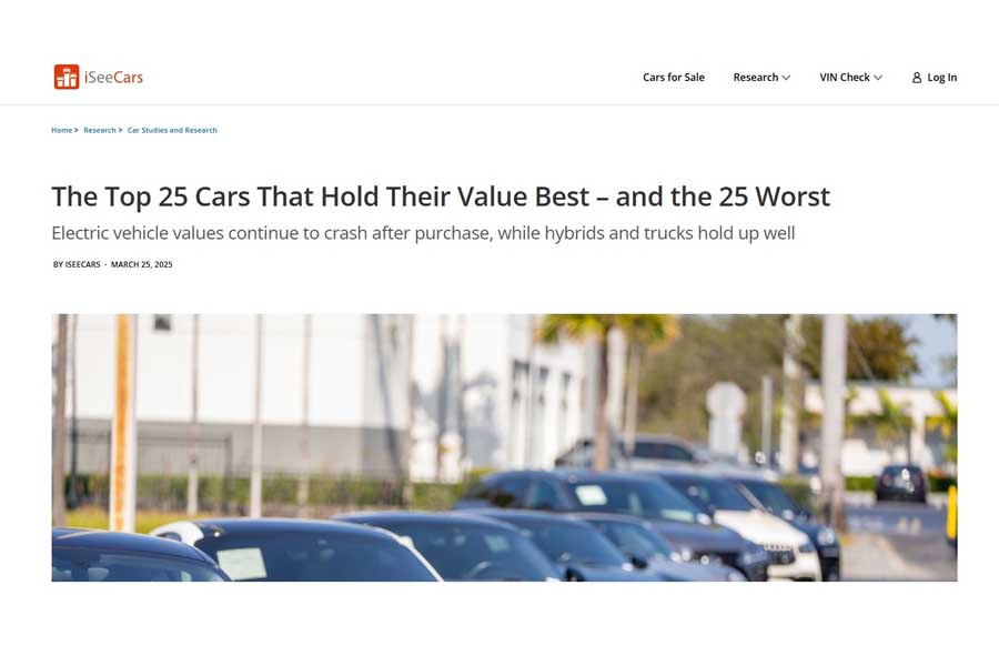 リポート「The Top 25 Cars That Hold Their Value Best - and the 25 Worst（価値が最も維持されるトップ25の車 - そしてワースト25）」（画像：iSeeCars）