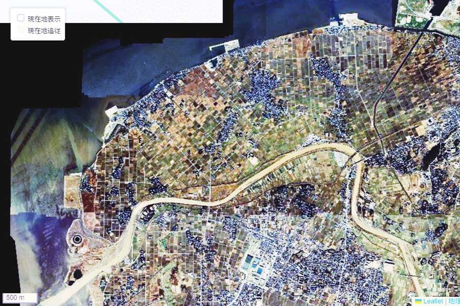 1975年頃に撮影された「東京湾アクアライン」千葉県側周辺の航空写真（画像：国土地理院）