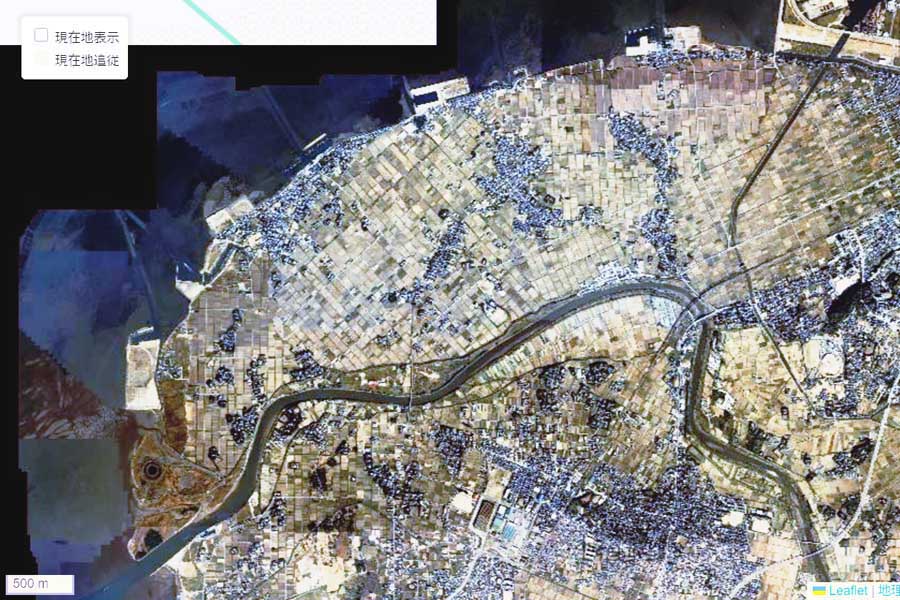 1980年頃に撮影された「東京湾アクアライン」千葉県側周辺の航空写真（画像：国土地理院）