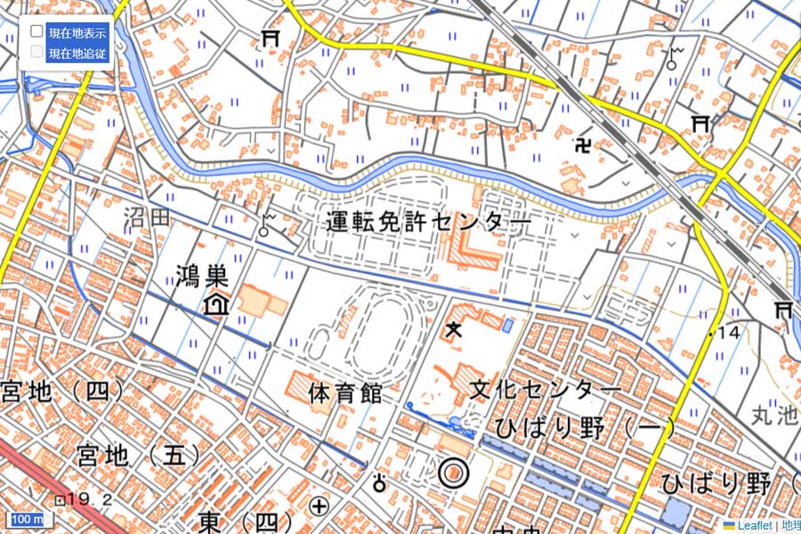 現在の「埼玉県警運転免許センター」周辺の地図（画像：国土地理院）