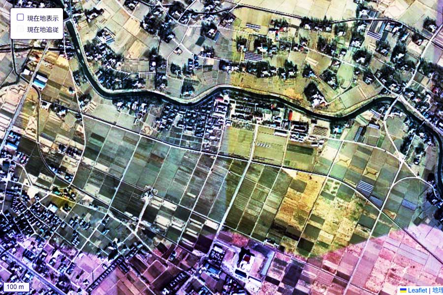 1975年頃に撮影された「埼玉県警運転免許センター」周辺の航空写真（画像：国土地理院）