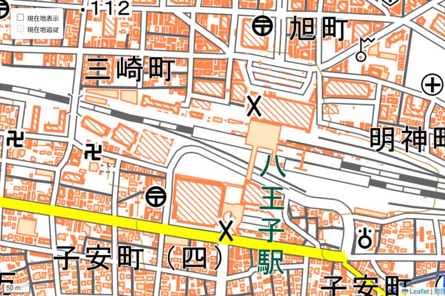 現在の八王子駅周辺の地図（画像：国土地理院）