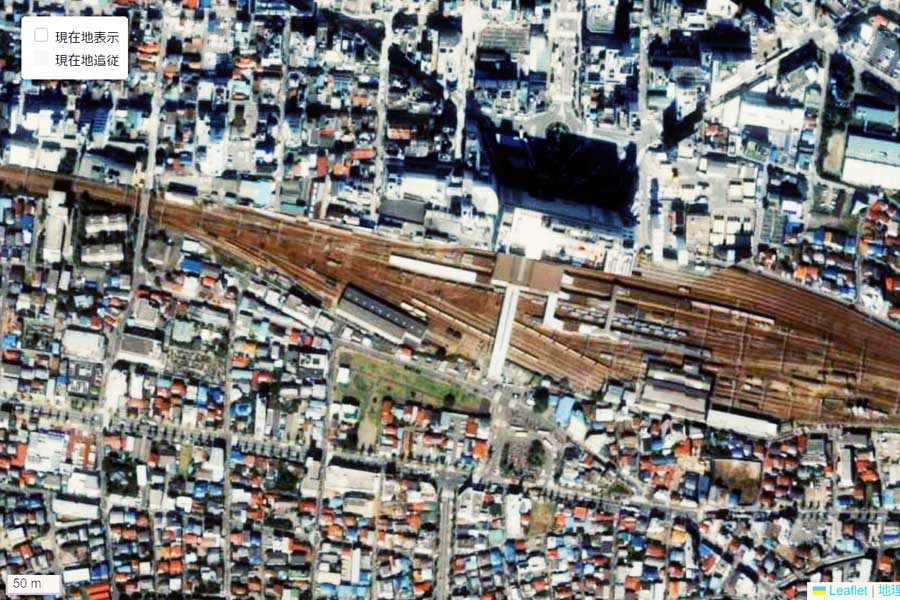 1990年頃の八王子駅周辺の航空写真（画像：国土地理院）