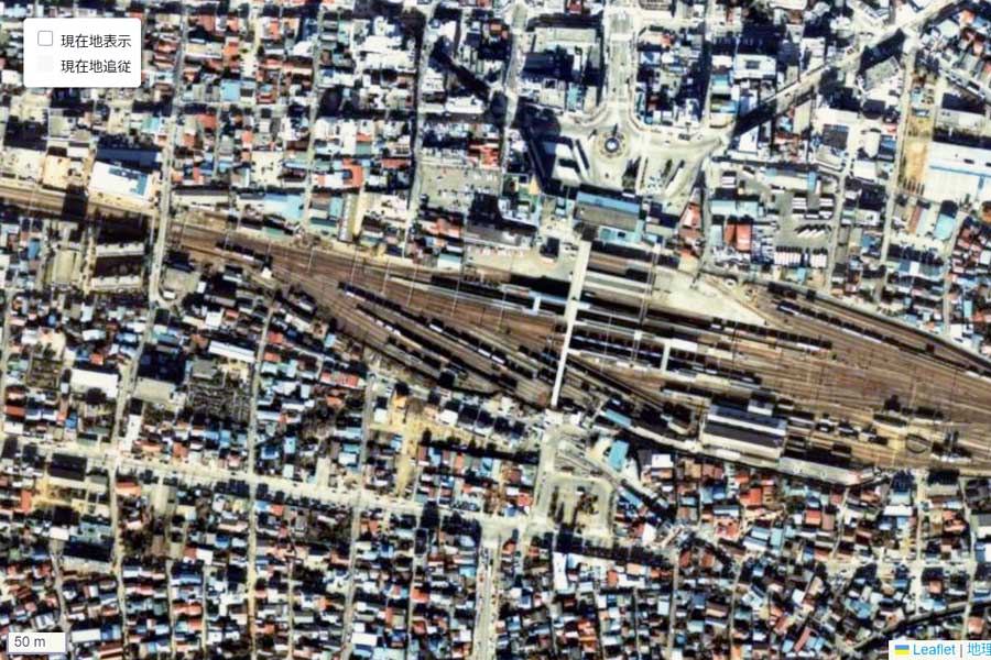 1980年頃の八王子駅周辺の航空写真（画像：国土地理院）