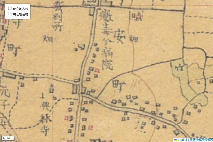 明治初期の八王子駅周辺の迅速測図（画像：国土地理院）