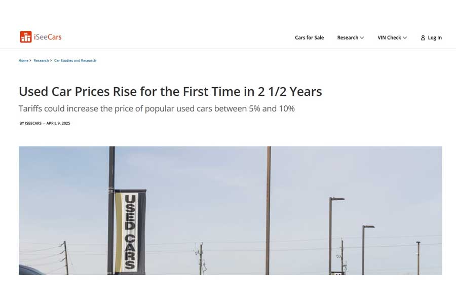 リポート「中古車価格が2年半ぶりに上昇 関税の引き上げにより、人気の中古車の価格が5%から10%上昇する可能性がある」（画像：iSeeCars）