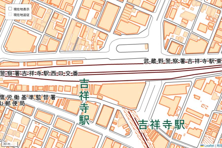 現在の吉祥寺駅周辺の地図（画像：国土地理院）
