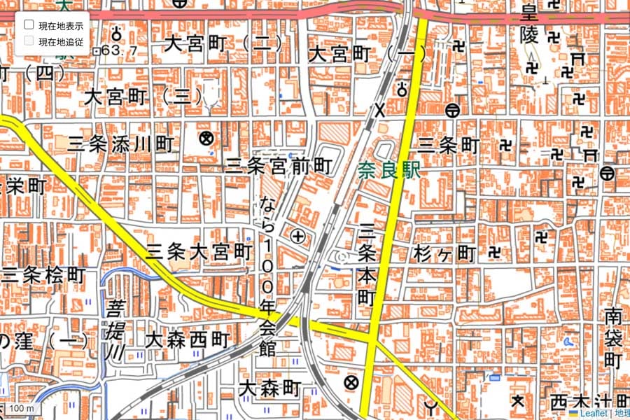 現在のJR奈良駅周辺の地図（画像：国土地理院）
