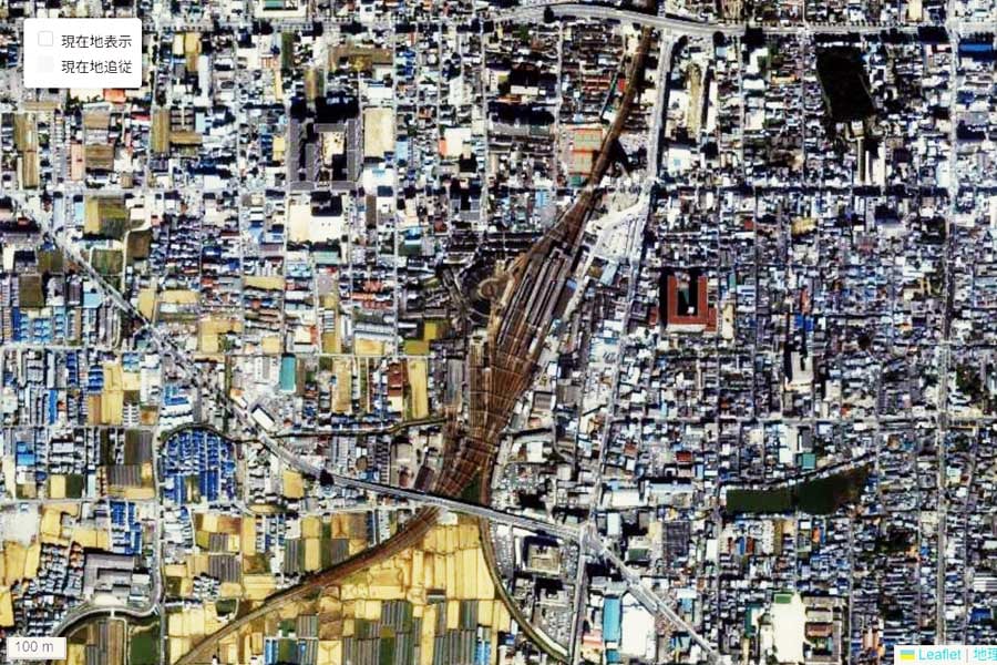 1985年頃のJR奈良駅周辺の航空写真（画像：国土地理院）