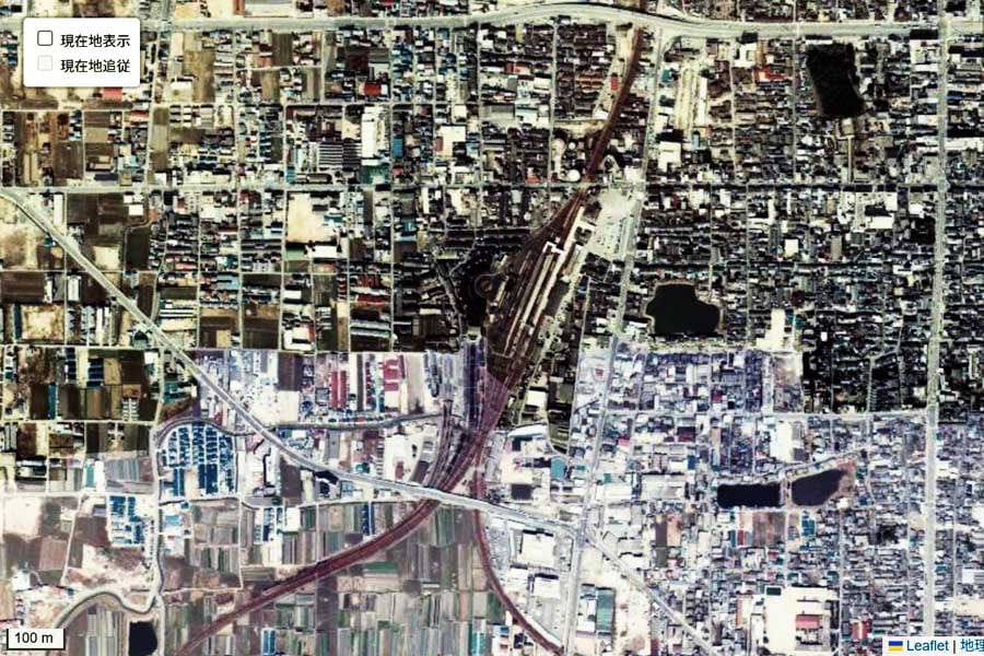 1975年頃のJR奈良駅周辺の航空写真（画像：国土地理院）