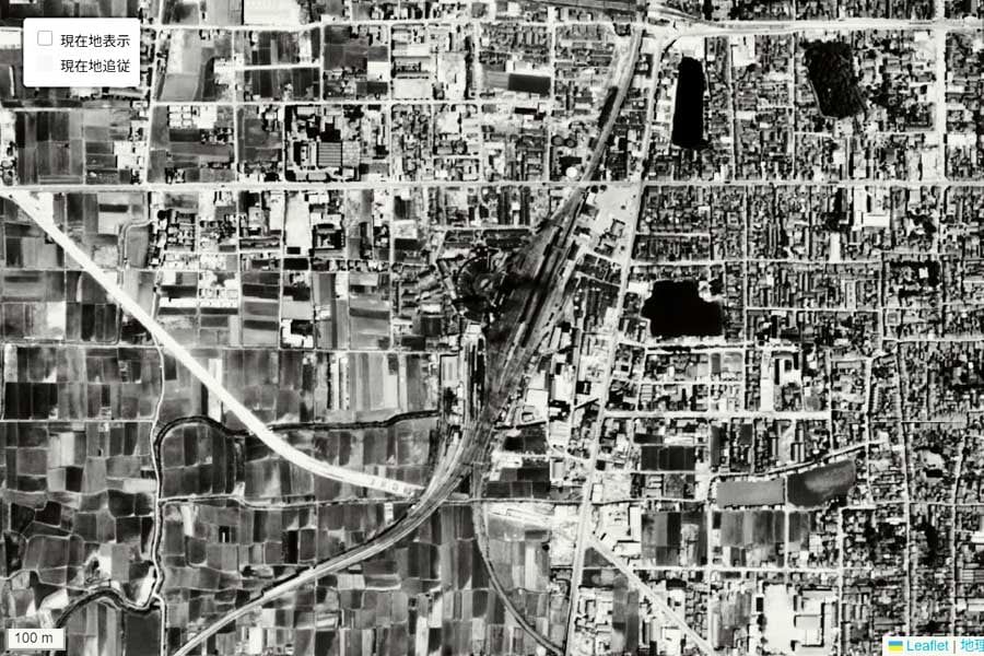 1963年頃のJR奈良駅周辺の航空写真（画像：国土地理院）