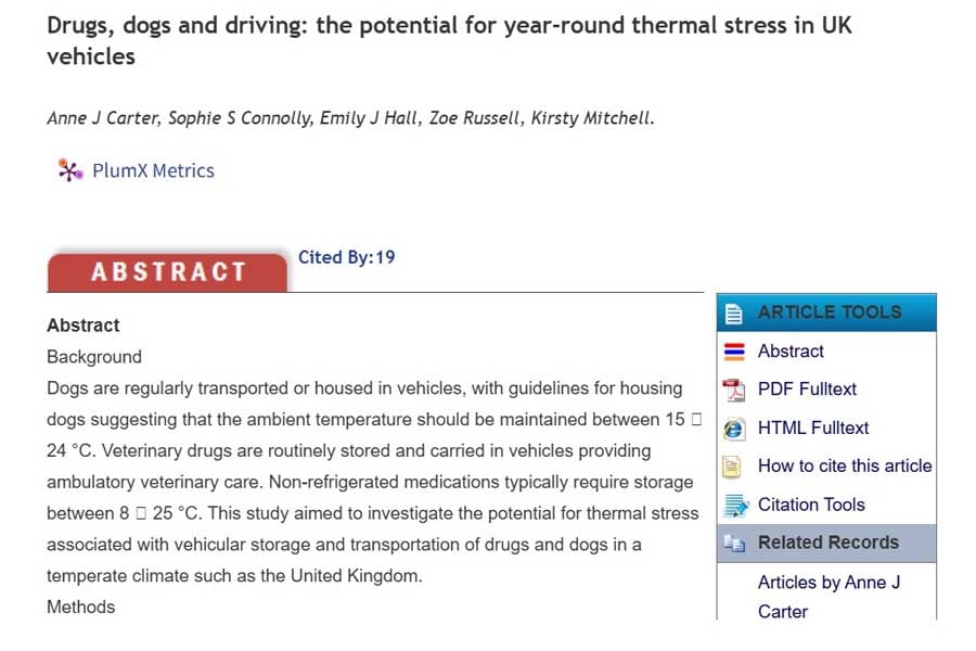 論文「Drugs, dogs and driving: the potential for year-round thermal stress in UK vehicles（薬物、犬、運転：英国の自動車における通年の熱ストレスの可能性）」（画像：Open Veterinary Journal）