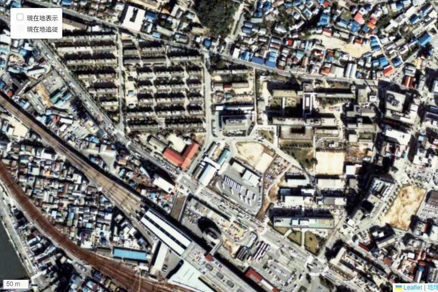 1980年頃の「広島駅」周辺の航空写真（画像：国土地理院）