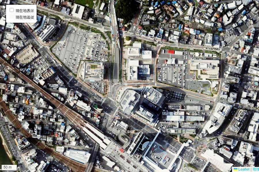 現在の「広島駅」周辺の航空写真（画像：国土地理院）