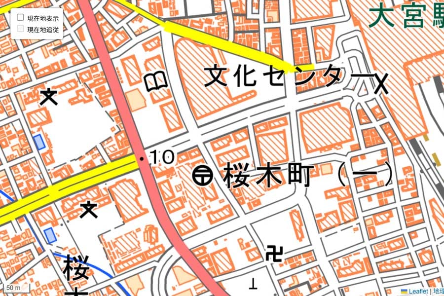現在の「大宮駅西口」の地図（画像：国土地理院）
