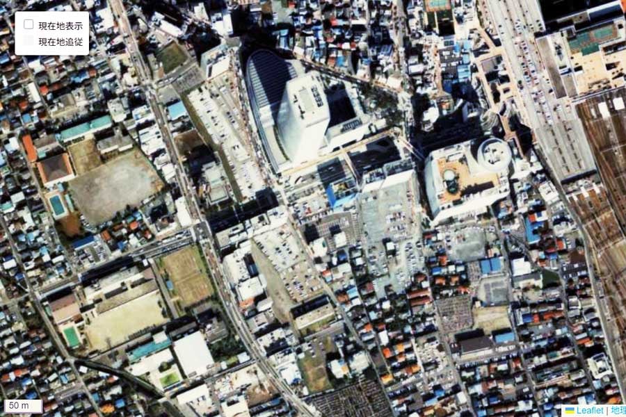 1990年頃の「大宮駅西口」の航空写真（画像：国土地理院）