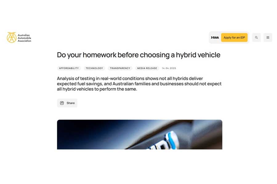 リポート「Do your homework before choosing a hybrid vehicle（ハイブリッド車を選ぶ前に下調べを）」（画像：オーストラリア自動車協会）