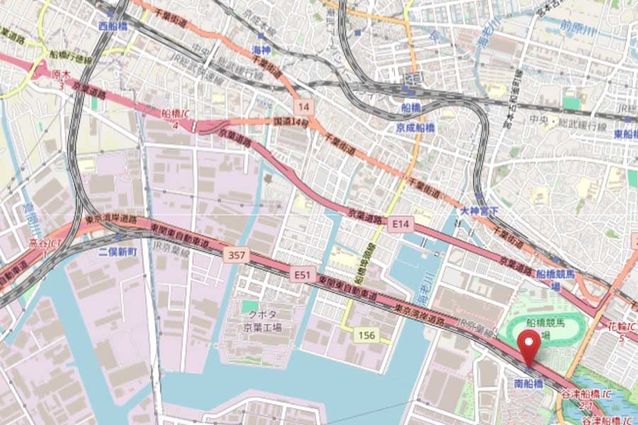 南船橋駅の位置（画像：OpenStreetMap）