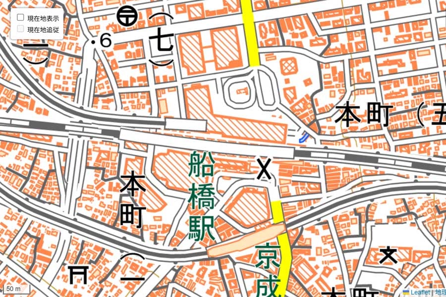 現在の「船橋駅」周辺の地図（画像：国土地理院）