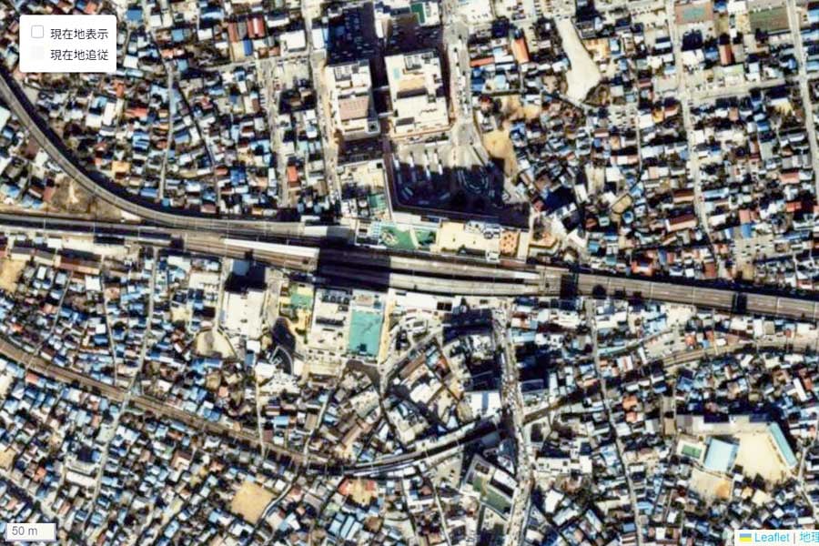 1985年頃の「船橋駅」周辺の航空写真（画像：国土地理院）