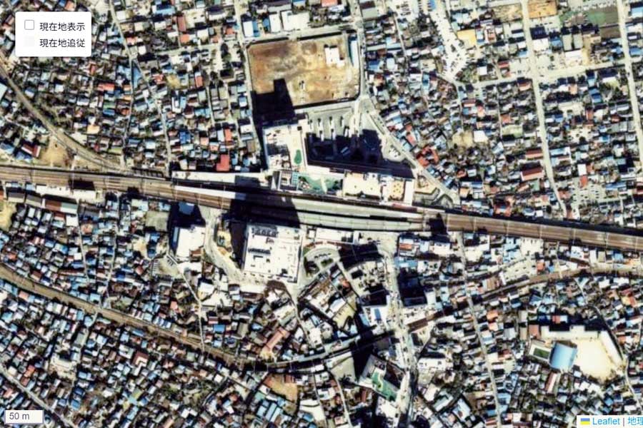 1980年頃の「船橋駅」周辺の航空写真（画像：国土地理院）
