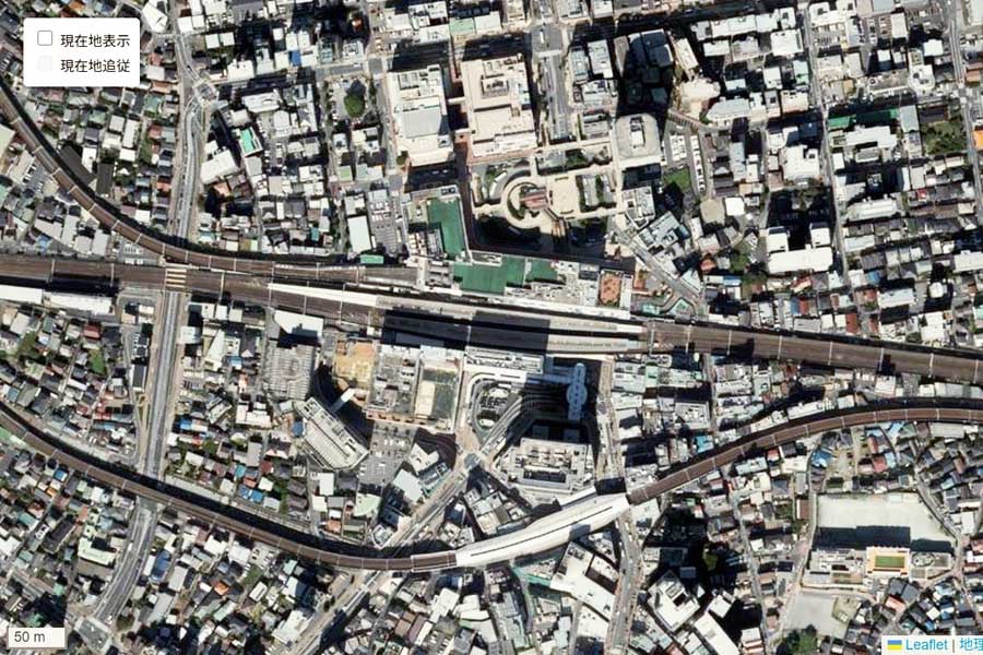 現在の「船橋駅」周辺の航空写真（画像：国土地理院）