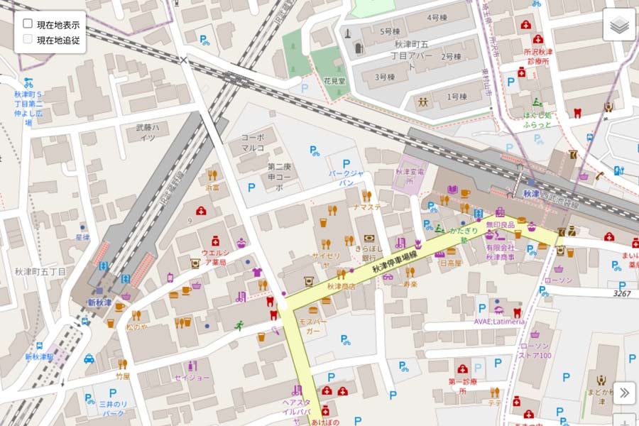 秋津駅と新秋津駅の位置関係（画像：OpenStreetMap）
