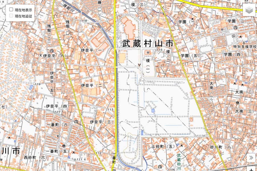 現在の「日産村山工場」周辺の地図（画像：国土地理院）
